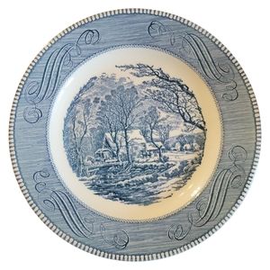 1 Vtg Currier & Ives Dinner Plate Royal China Ironstone Cabin Horse Sleigh Snow